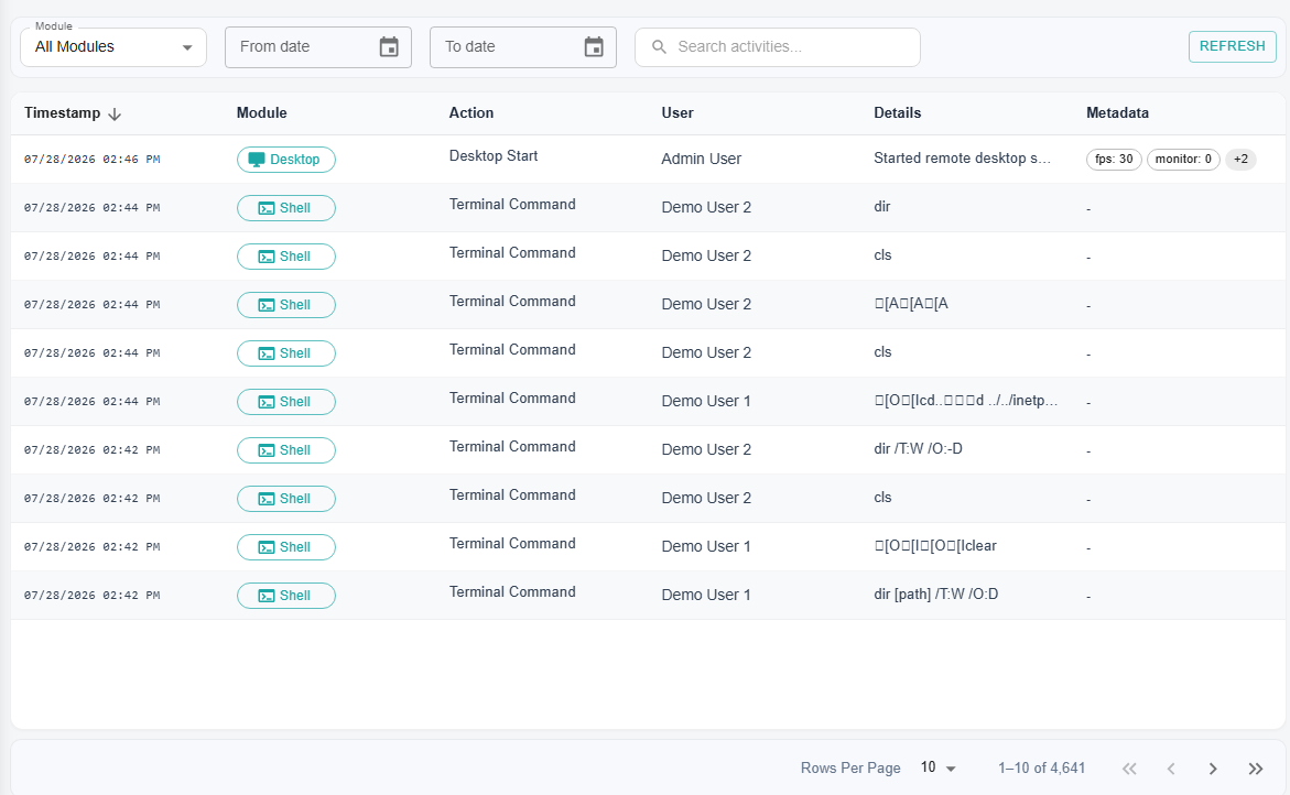The Activity Log table with module, date and search filters above it. Rows show a timestamp, a module tag such as Desktop or Shell, the action, the operator and a details column carrying the command that was run.
