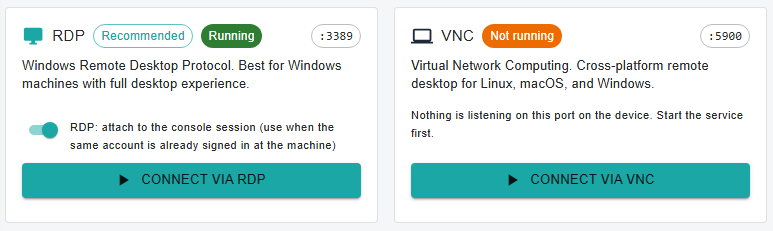 Two protocol cards side by side: an RDP card marked Recommended and Running with a 3389 port chip, and a VNC card marked Not running with a line reading that nothing is listening on this port on the device.