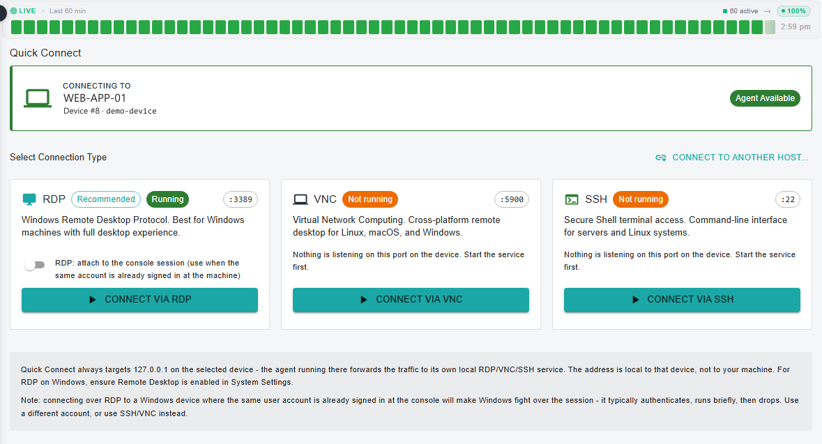 The Quick Connect panel: a banner naming the target device and confirming the agent is available, above three protocol cards for RDP, VNC and SSH. RDP is marked Running, VNC and SSH are marked Not running.