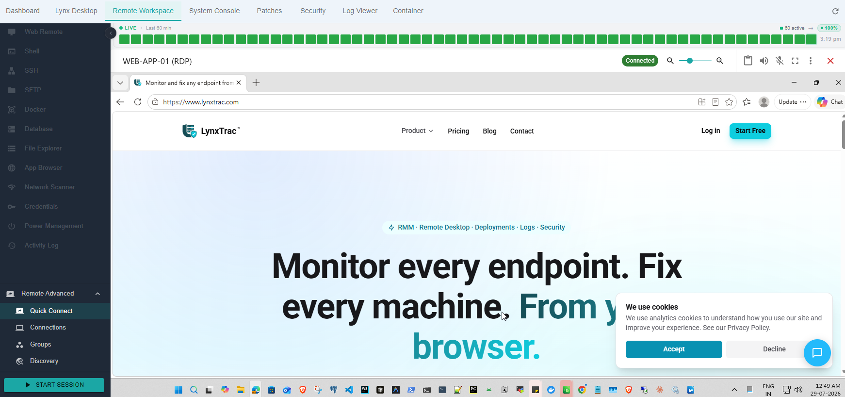 A full Windows desktop rendered inside the LynxTrac web app. The app's own navigation runs down the left with Quick Connect, Connections, Groups and Discovery, and a session header above the desktop shows the device name, the RDP protocol and a Connected chip.