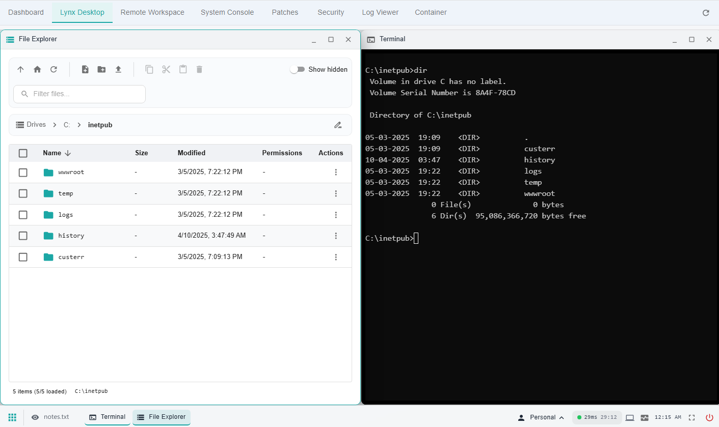 A File Explorer window and a Terminal window side by side in Lynx Desktop. The file list shows five directories under C:\inetpub and the terminal shows the same five in the output of a dir command.