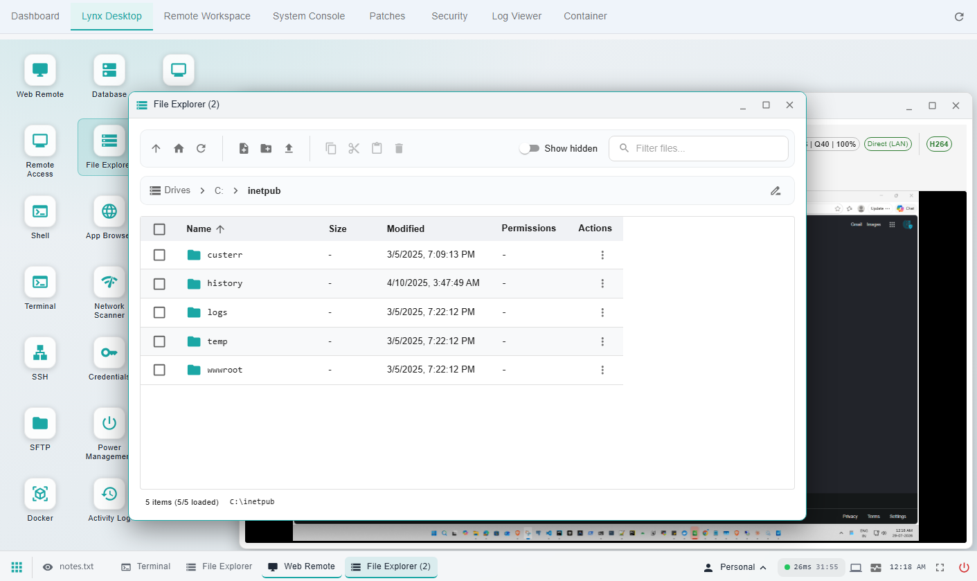 The Lynx Desktop workspace in a browser tab: a File Explorer window open at C:\inetpub sitting over a Web Remote window, app icons down the left of the wallpaper, and a taskbar listing the running windows.