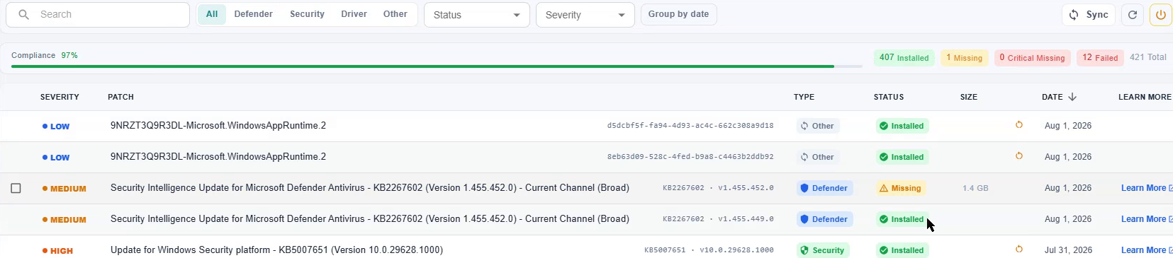 The patch list filtered by All, Defender, Security, Driver and Other, with status and severity dropdowns. Rows show severity, patch name with KB number and version, type, status, size and date. One Defender update is marked Missing at 1.4 GB.