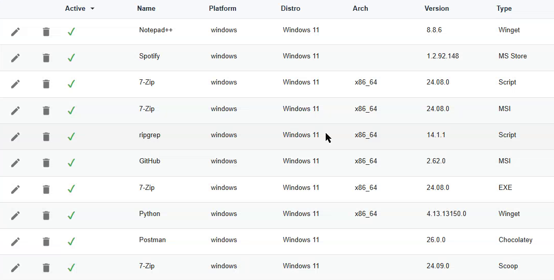 The software package catalog listing ten entries with columns for Name, Platform, Distro, Arch, Version and Type. 7-Zip appears four times with types Script, MSI, EXE and Scoop. Other rows show Notepad++ as Winget, Spotify as MS Store, GitHub as MSI, Python as Winget and Postman as Chocolatey.